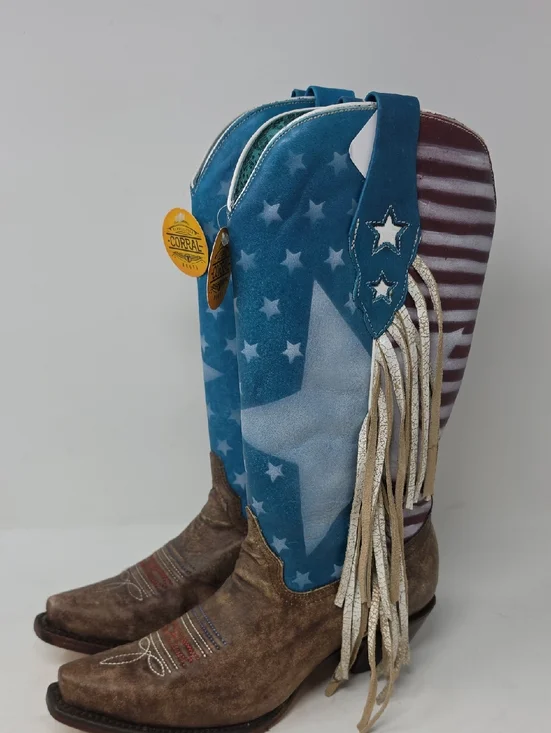 Corral Blue Star & American Flag Fringe Heeled Boots Size 7.5 - Picture 1 of 6